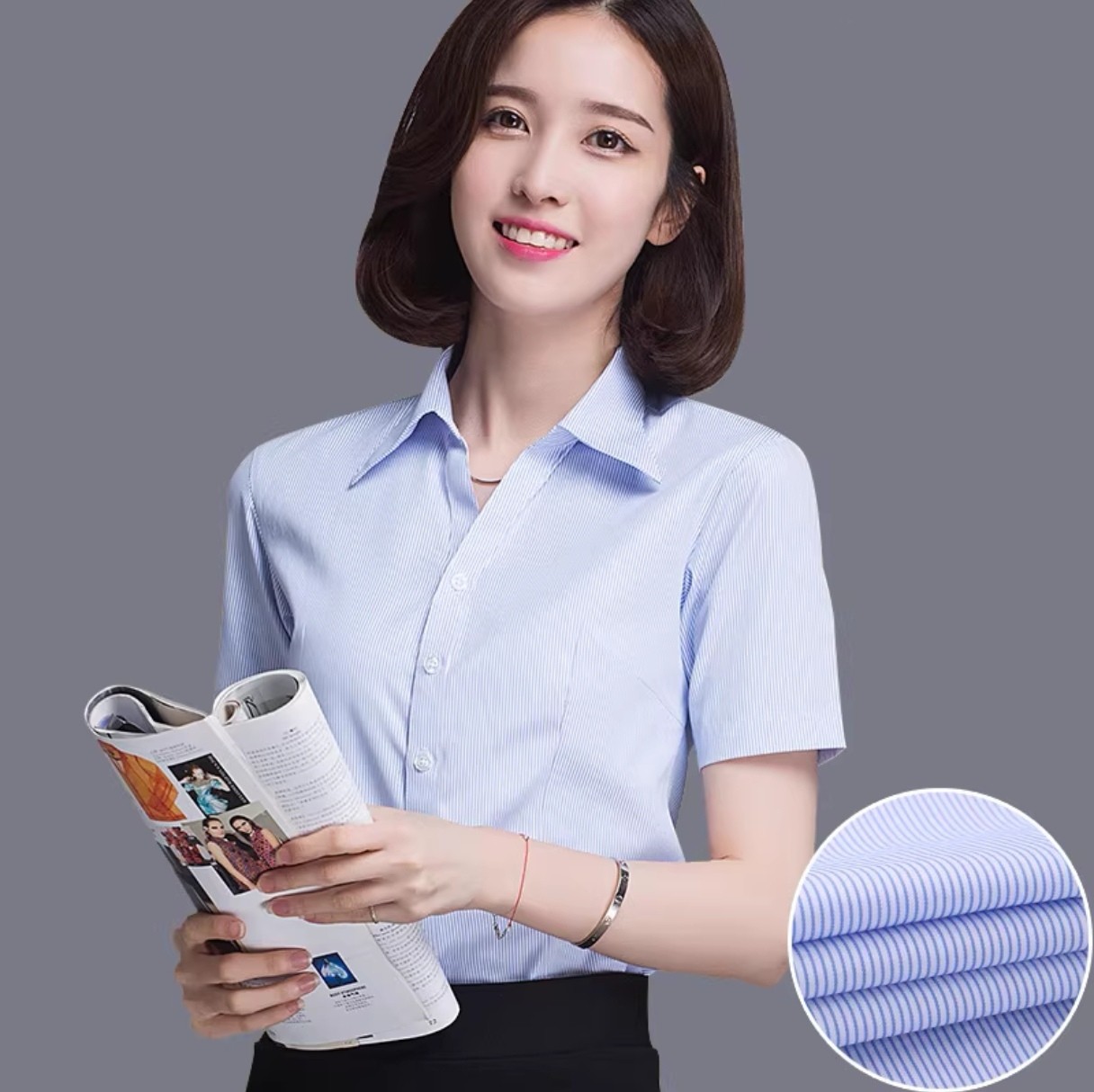 浅蓝色条纹衬衫女短袖夏季
