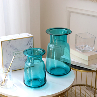 玻璃水培奖杯花瓶插花客厅餐桌摆设欧式蓝色家居摆件礼物