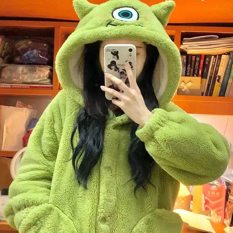CORAL VELVET PAJAMAS WOMENS AUTUMN AND WINTER THICKENED WARM LONG DRESSING GOWNS INTERNET CELEBRITY CUTE CARTOON BATHROBE BIG EYES BOY SET