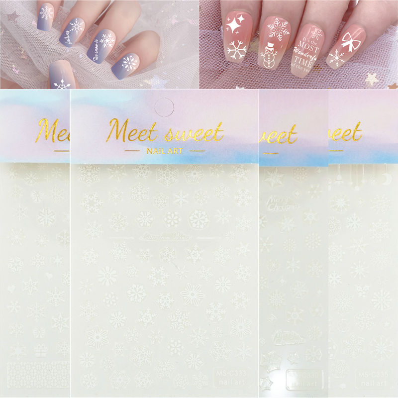 10张包邮白色雪花美甲贴纸圣诞节礼物糖果月亮爱心背胶指甲贴花环
