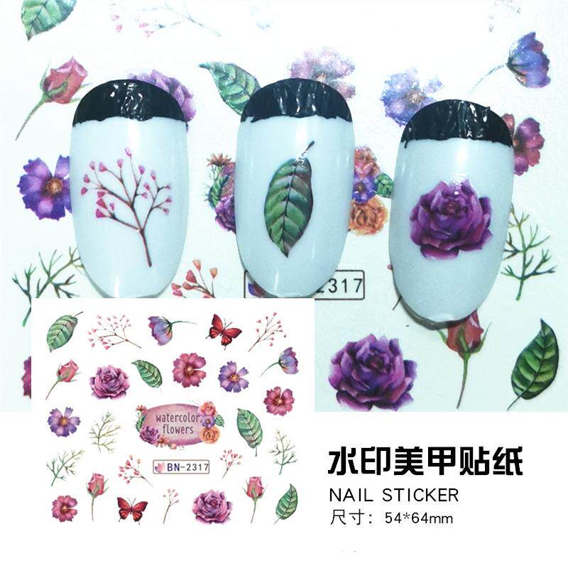 10张包邮水印美甲贴纸指甲油胶贴花卉水彩玫瑰巨嘴鸟鹦鹉龟背竹叶