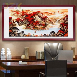 鸿运当头山水国画办公室客厅挂画新中式背景墙实木装饰画一件代h4