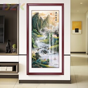 新中式迎客松流水生财山水画玄关装饰画招财风水过道入户挂画壁h4