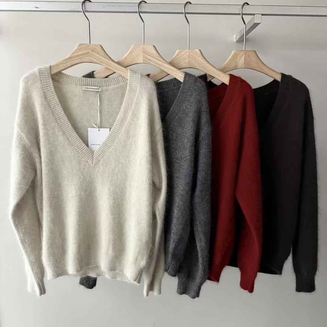 FN韩系大V领慵懒感长袖针织衫女