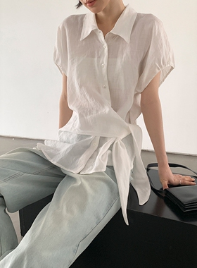 FN爱与南希2025夏季韩系翻领不规则碎褶落肩袖系带苎麻衬衫22327