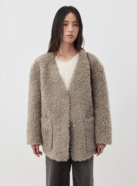 FN爱与南希2025冬季韩系V领慵懒风麂皮颗粒感皮毛一体外套03388