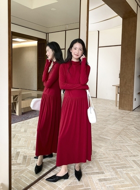 FN爱与南希2025天丝羊毛低腰压褶收腰显瘦年会大裙摆连衣裙04048