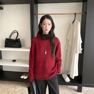 FN爱与南希2025冬季韩系圆领卷边马海毛插肩袖保暖百搭毛衣04038
