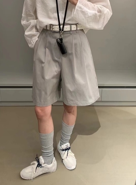 FN爱与南希2024夏季新款极简纯色中腰全棉压褶双耳五分裤女22488