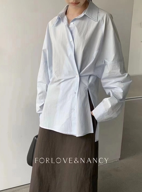 FN爱与南希2023秋韩版新款通勤宽松侧扣开叉显瘦长袖衬衫女23680