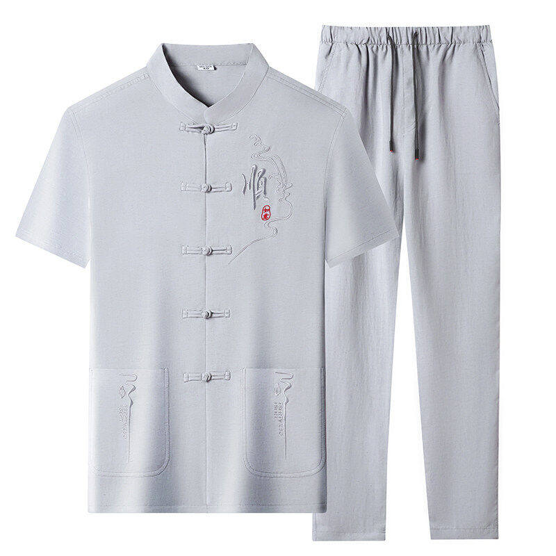 夏季薄款中老年唐装男盘扣新中式立领刺绣爸爸夏装短袖爷爷装套装