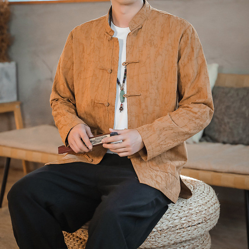 中国风盘扣提花棉麻衬衫春秋宽松复古风中式立领亚麻唐装长袖衬衣