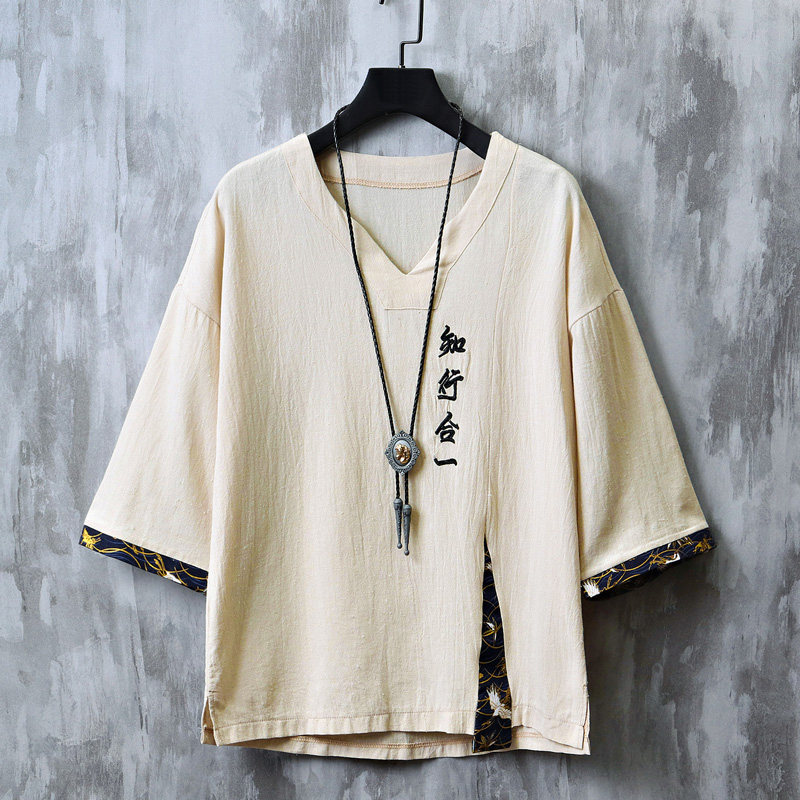 新中式男装国风七分袖T恤夏季V领刺绣薄款短袖宽松大码拼接上衣服