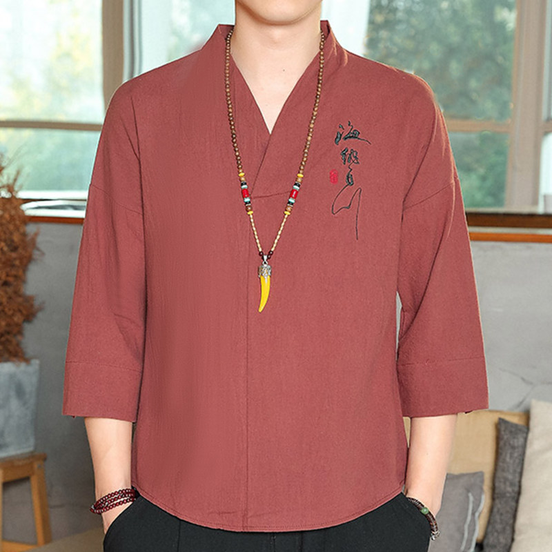 2023年新款短袖T恤男V领中国风棉麻男士纯色半袖衣服夏刺绣七分袖