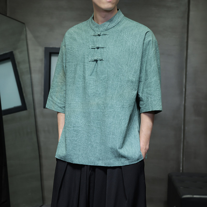 复古盘扣汉服男中国风夏季薄款棉麻短袖t恤新中式宽松大码体恤衫