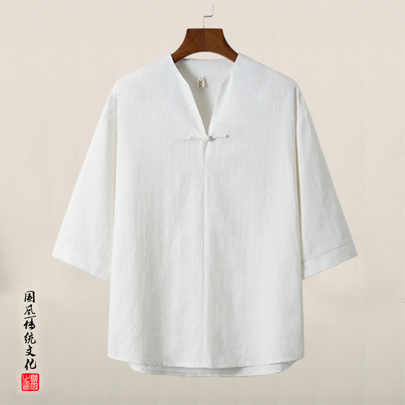 中国风夏季汉服男装V领盘扣提花短袖T恤棉薄款五分袖中式唐装