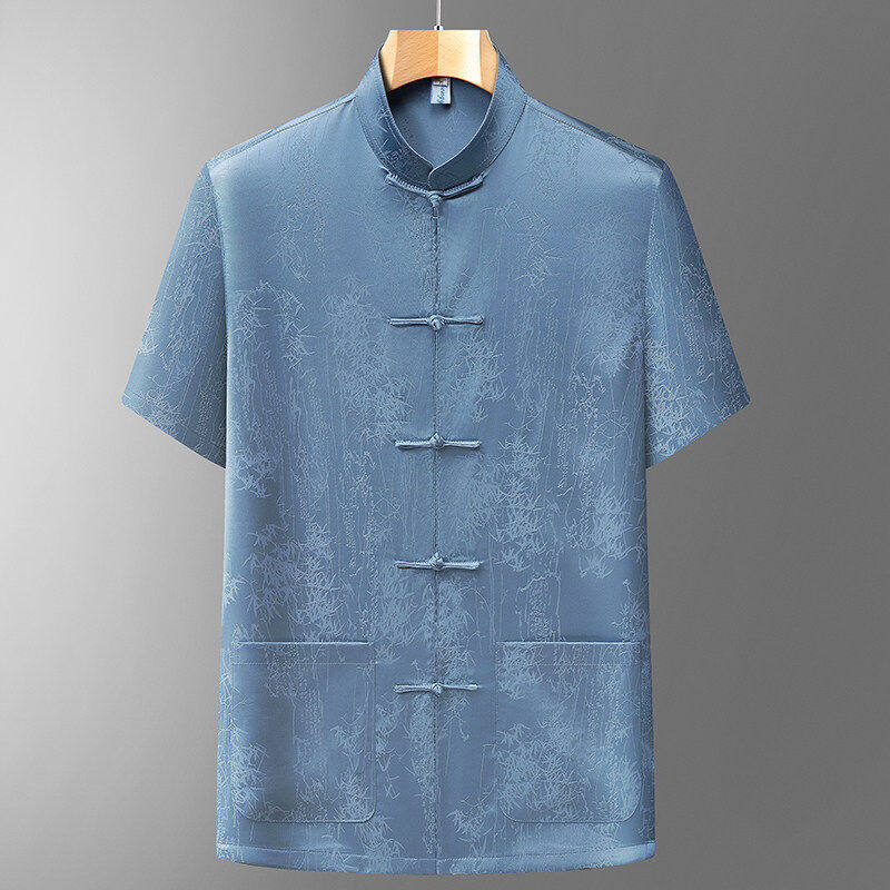 夏季新款唐装男中老年爸爸夏装薄款桑蚕丝短袖新中式国风爷爷衬衫