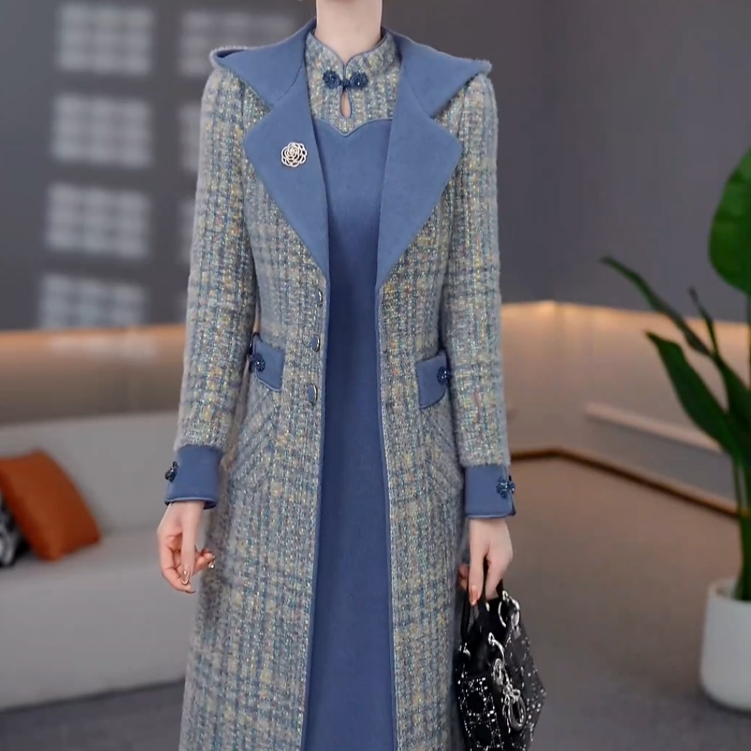 加绒加厚中长款外套连衣裙两件套2025冬季新款收腰高级感保暖套装