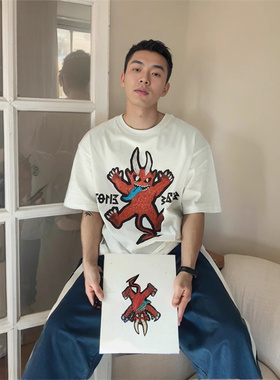 重磅纯棉小恶魔印花趣味白色T恤夏季圆领美式宽松短袖休闲背心
