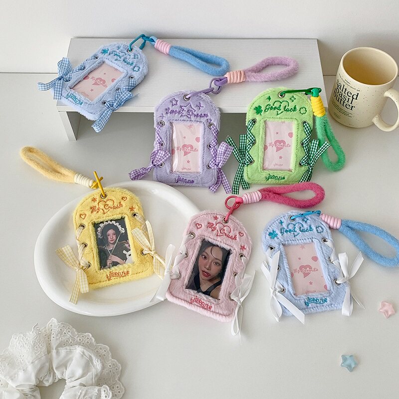ins风少女绑带毛绒卡套DIY追星3寸小卡展示卡套学生丝带挂绳卡包图片