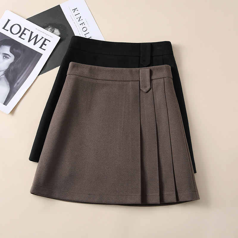 黑色毛呢百褶裙女秋冬2023新款小个子网红短裙高腰大码A字半身裙