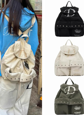 【现货】韩国deinet复古包包 D字母铆钉帆布大容量双肩背包男女款