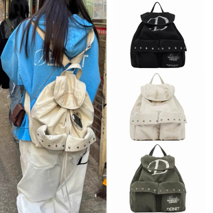 【现货】韩国deinet复古包包 D字母铆钉帆布大容量双肩背包男女款