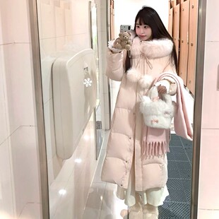 甜美粉色毛领中长款羽绒棉服女冬季新款小个子加厚夹棉袄宽松外套