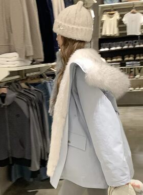 韩版毛领派克服女加厚中长棉服