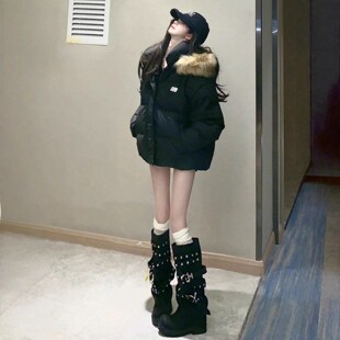 美式黑色大毛领连帽羽绒棉服女冬季新款保暖夹棉加厚棉袄百搭外套