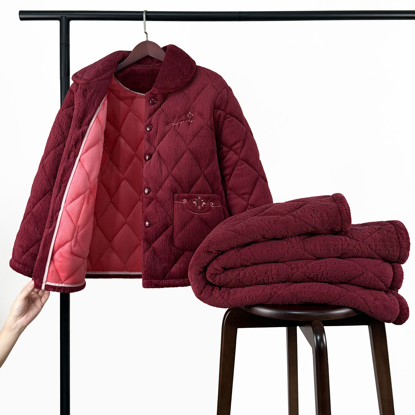 女士秋冬季睡衣三层加绒加厚夹棉保暖中老年人棉袄妈妈套装家居服