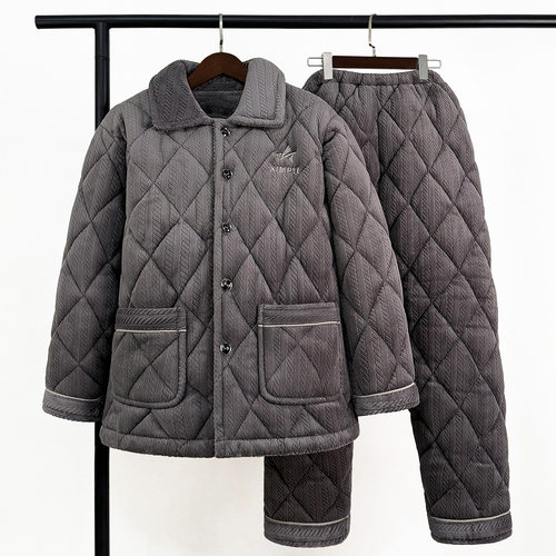 爸爸睡衣冬加厚加绒三层夹棉保暖