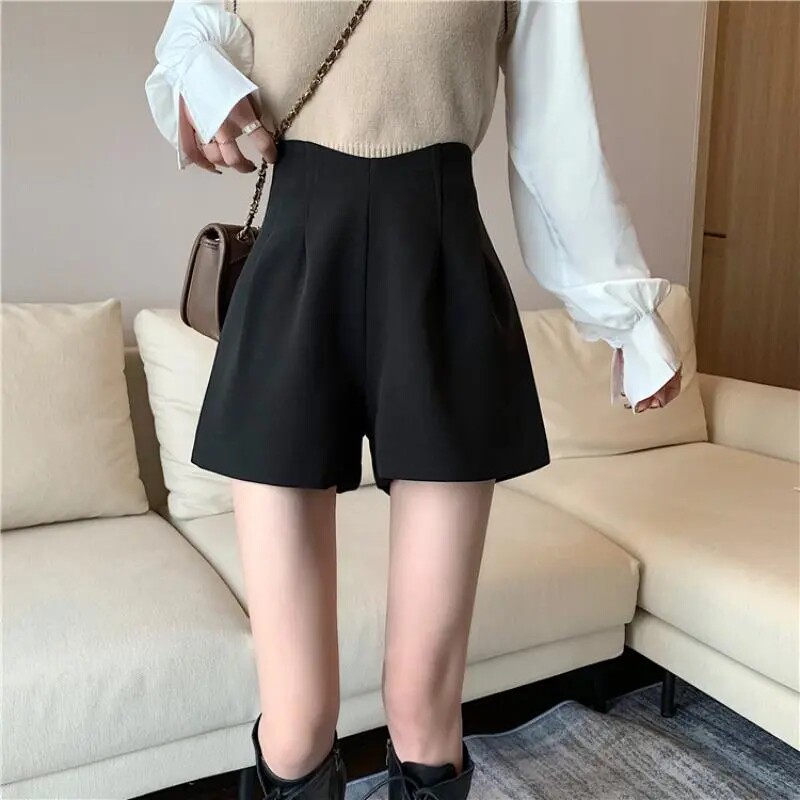 毛呢短裤子女高腰2022秋冬新款韩版宽松显瘦a字打底外穿阔腿靴裤
