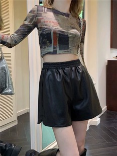 秋冬大码 胖mm黑色短裤 高腰显瘦pu皮阔脚裤 小个子休闲打底靴裤