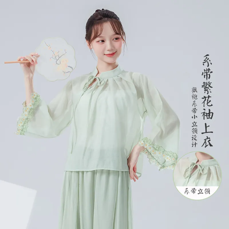 新中式古典舞练功服女新款系带繁花袖宽松改良立领演出舞蹈服上衣