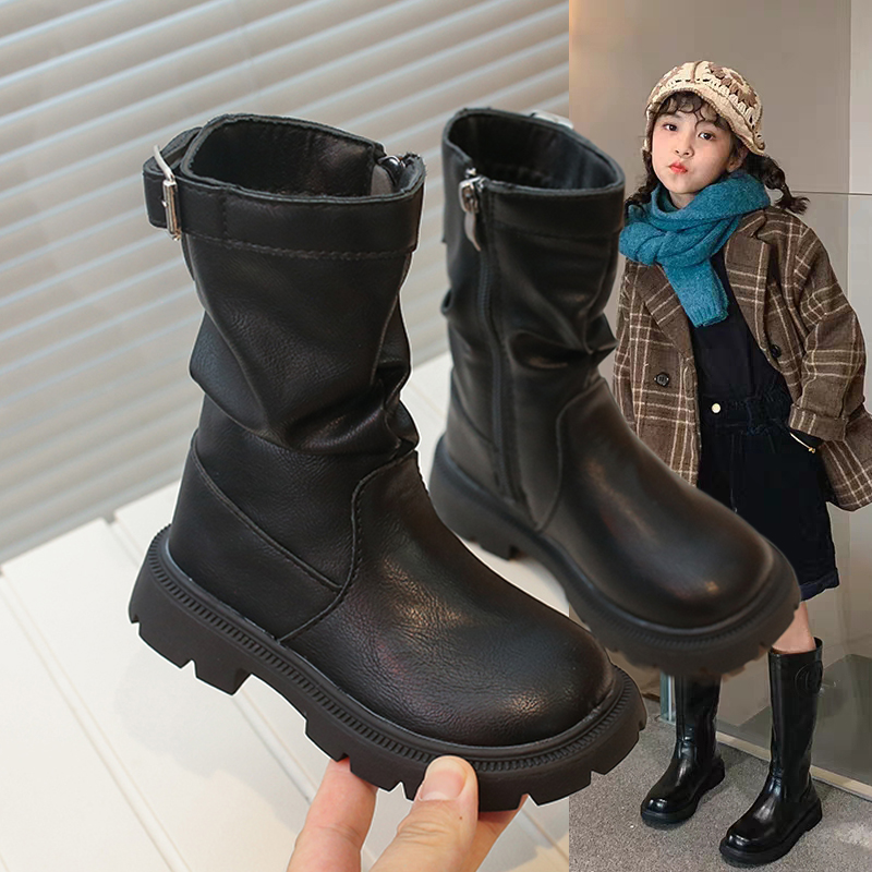 褶皱加绒中筒靴英伦风短靴潮