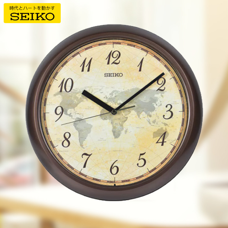 SEIKO日本精工时钟13英寸棕色复古简约地图钟面客厅卧室石英挂钟,家居饰品,挂钟,淘宝优惠券,粉丝福利购,淘宝优惠卷