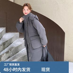 灰色连帽中长款羽绒服女冬季超火好看高级小众白鸭绒加厚保暖外套