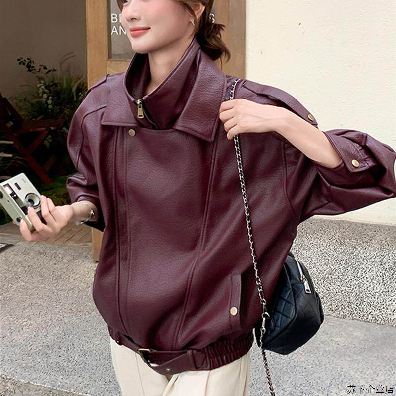 安可拉红流行PU皮衣外套女2025春秋季新款韩版显瘦飞行员夹克上衣