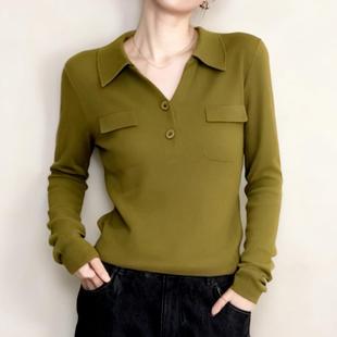 法式高级感绝美橄榄绿Polo领长袖针织衫女秋季款休闲套头通勤上衣