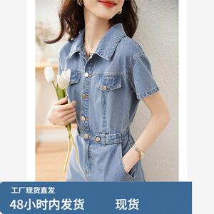商场同款2025夏款polo领弹力收腰短袖牛仔A字连衣裙