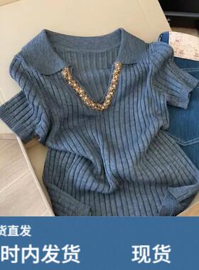 老钱风灰色V领冰丝针织衫短袖t恤女夏季轻奢高级感翻领polo衫上衣