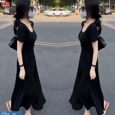 赫本风法式网红爆款夏季新款减龄女神范黑色长款气质遮肉小黑裙潮
