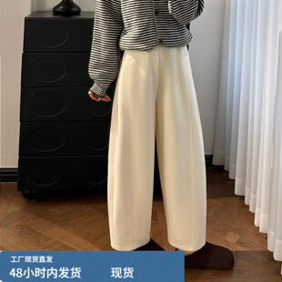 加绒加厚奶白色宽裤女2026新款秋冬季香蕉运动小个子阔腿气球裤