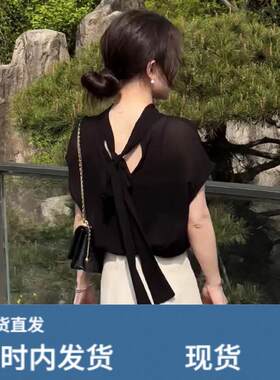 气质减龄黑色薄款蝴蝶结系带雪纺衫女夏后背镂空衬衫短袖立领上衣