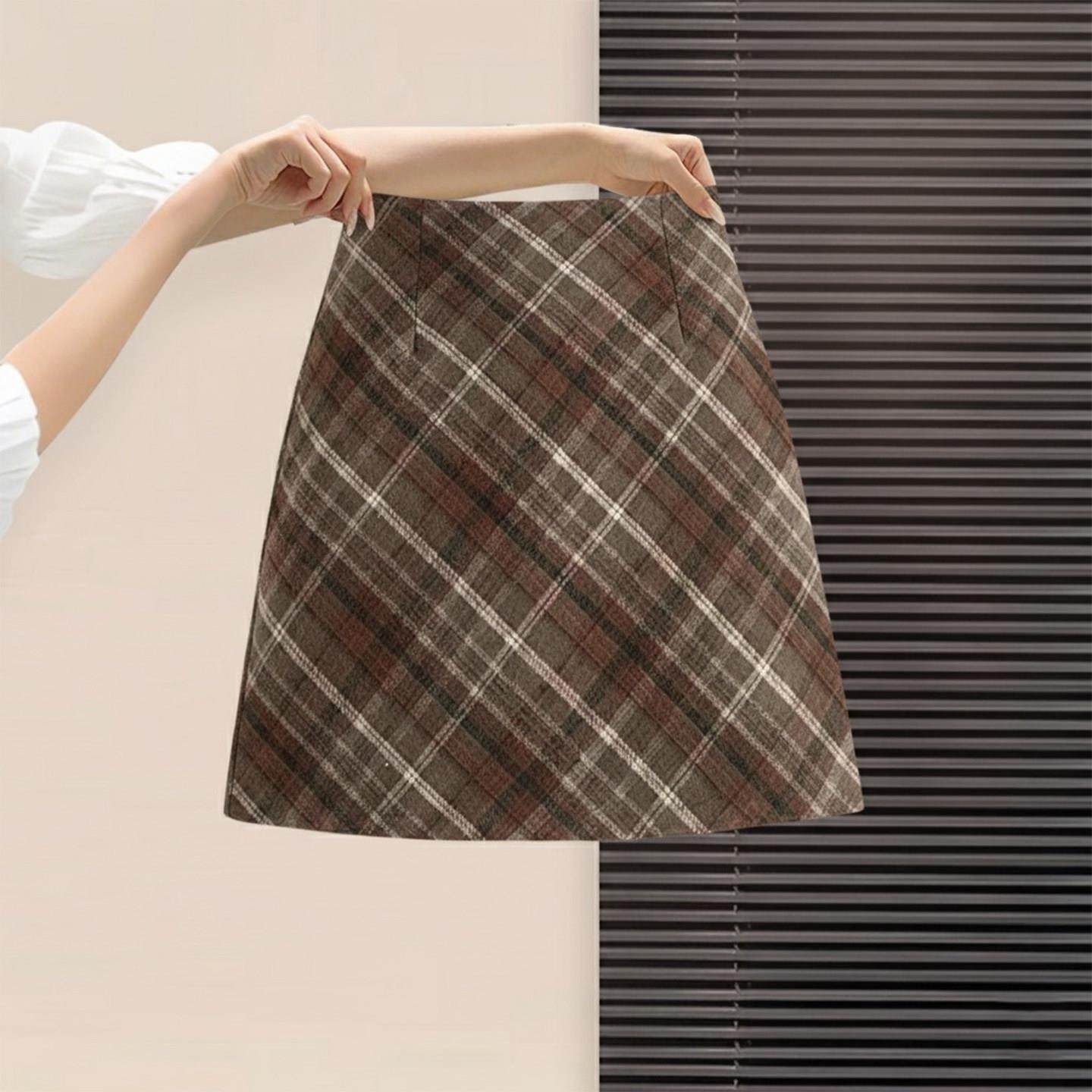 大码美拉德咖色格子毛呢半身短裙女秋冬巨好看的胖mm高腰a字半裙,运动/瑜伽/健身/球迷用品,瑜伽短裙,淘宝优惠券,粉丝福利购,淘宝优惠卷