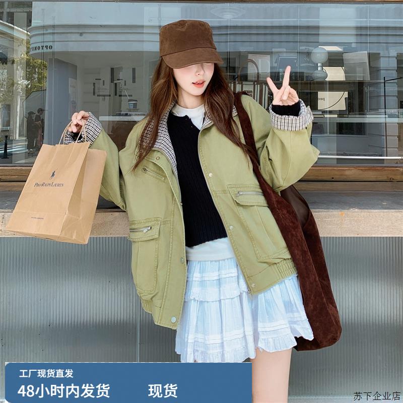 韩版工装拼接格纹外套女2025年春秋季新款高级感显瘦休闲短款上衣