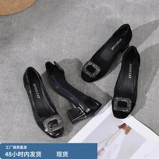 新款真皮网纱单鞋女中跟浅口镂空透气圆头妈妈鞋夏季粗跟网面