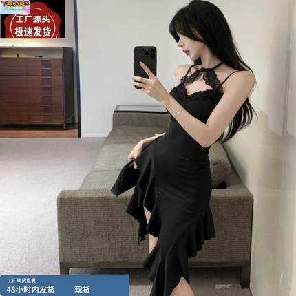 纯欲蕾丝挂脖吊带连衣裙女不规则荷叶边长裙修身性感露背辣妹裙子