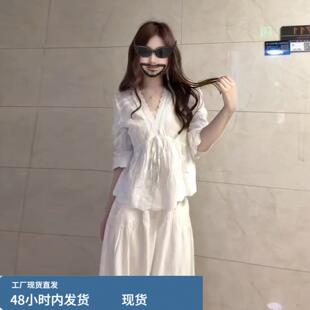 韩系温柔氛围感穿搭一整套夏季蕾丝衬衫上衣花苞裤阔腿裤子套装女